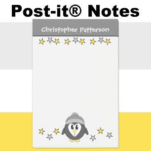 Notas Post-it® Nombre de estrellas pingüino lindo gris amarillo n