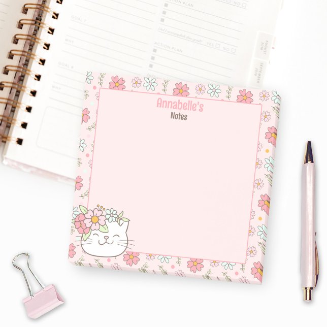 Notas Post-it® Nombre floral de gato gatito gatito rosado gitano (Cute Kitten Kitty Cat Pink Girly Floral Name Post-it Notes)