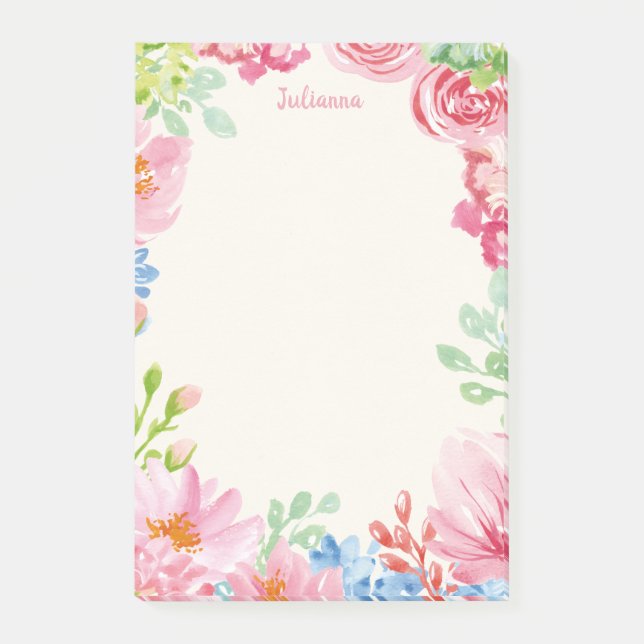 Notas Post-it® Nombre personalizado Borde de flor floral pastel (Anverso)