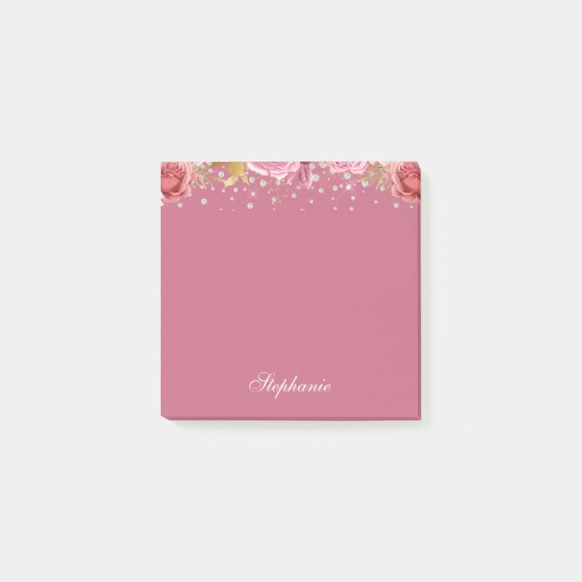 Notas Post-it® Nombre personalizado de Purpurina floral rosa (Anverso)