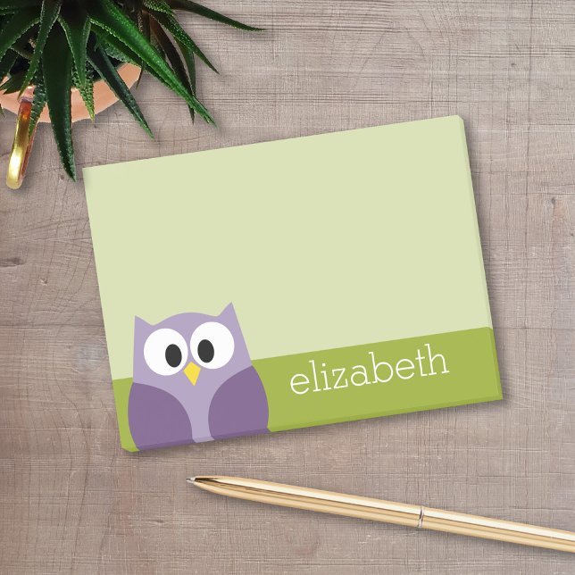 Notas Post-it® Nombre personalizado púrpura y pistachio de búho P (A cute owl cartoon with a place to add your name.)