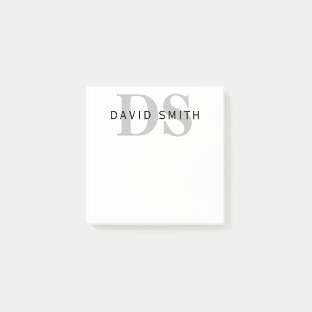 Notas Post-it® Nombre y monograma modernos | Blanco negro y gris (Anverso)