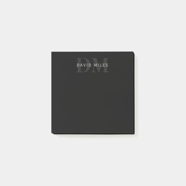 Notas Post-it® Nombre y monograma modernos | Gris y negro (Anverso)