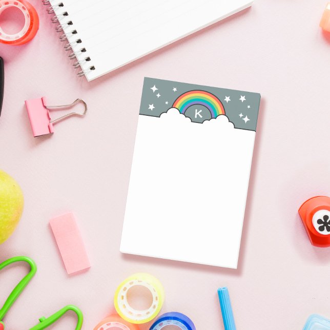 Notas Post-it® Nubes y estrellas de arcoíris retro con monograma (Subido por el creador)