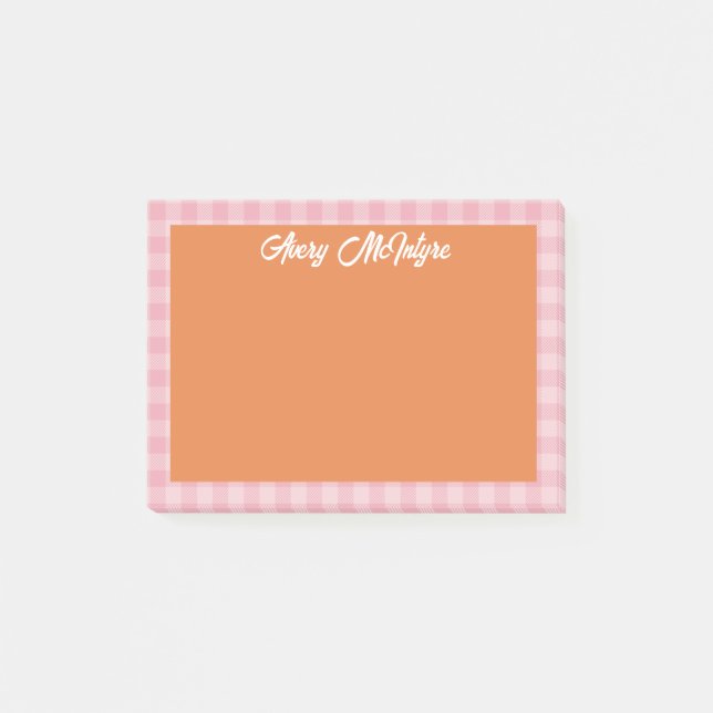 Notas Post-it® Orange Pink Gingham Border Name In Cool Script (Anverso)