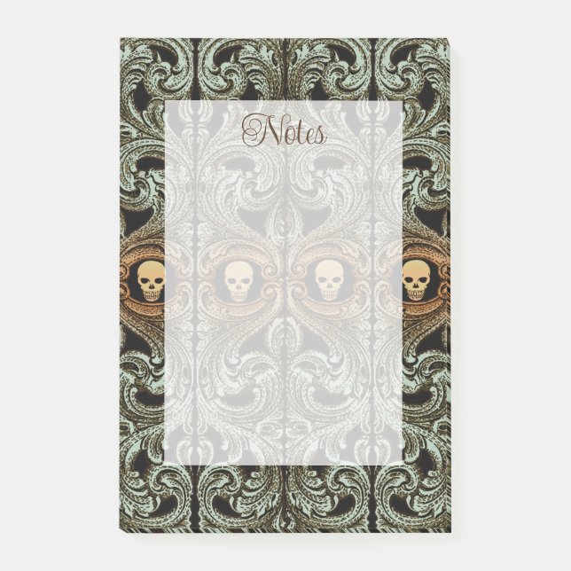 Notas Post-it® Ornamento verde sabio del gótico con cráneo (Anverso)