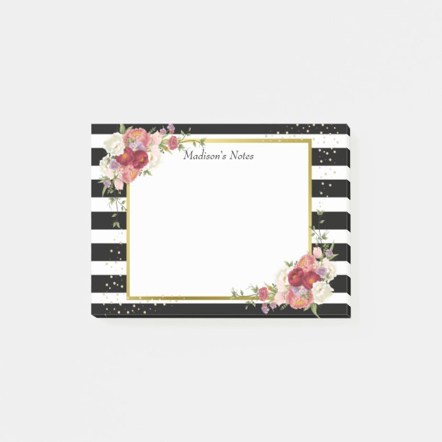 Notas Post-it® Oro floral blanco negro a rayas | Personalizado (Anverso)