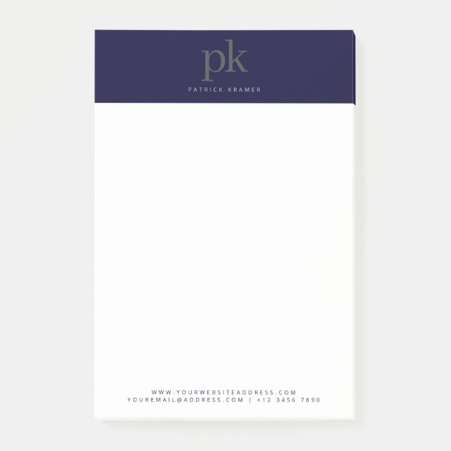 Notas Post-it® Oscuro Blue Elegant Iniciales de Monograma Minimal (Anverso)