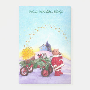 Notas Post-it® Oso adorable del navidad con el carro rojo
