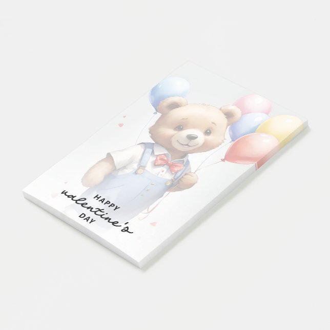 Notas Post-it® Oso De Acuarela Lindo Día De San Valentín Con Glob (En perspectiva)