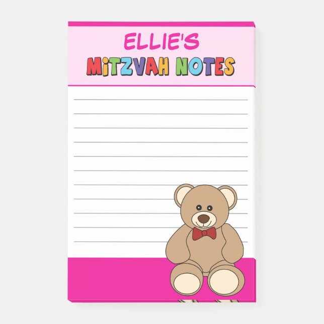 Notas Post-it® Oso de peluche personalizado Mitzvah Rosa (Anverso)