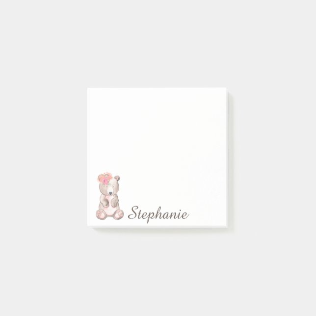 Notas Post-it® Oso Dulce Personalizado Con Flores Acuarela (Anverso)