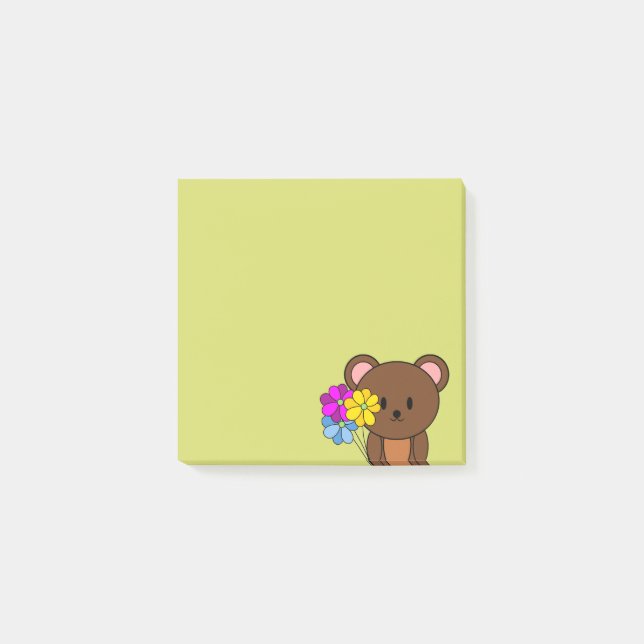 Notas Post-it® Oso Marrón Con Un Montón De Flores (Anverso)