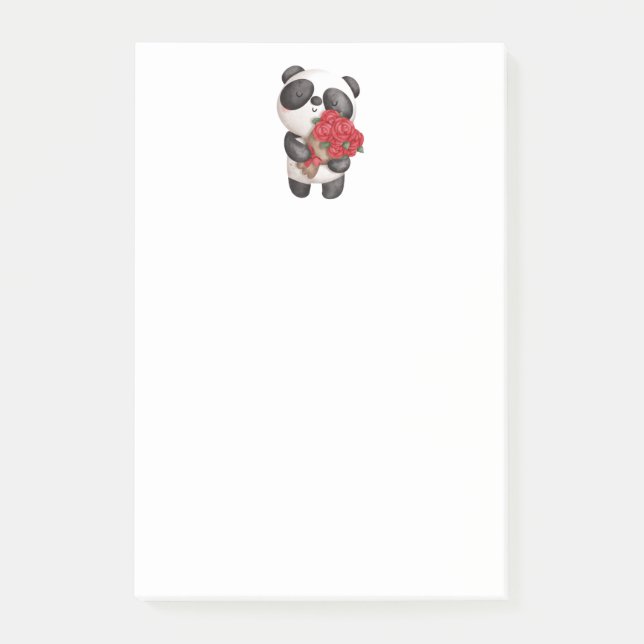 Notas Post-it® Oso Panda Lindo con Ramo de Rosas (Anverso)