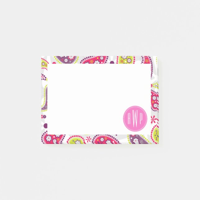 Notas Post-it® Paisley y monograma rosado (Anverso)