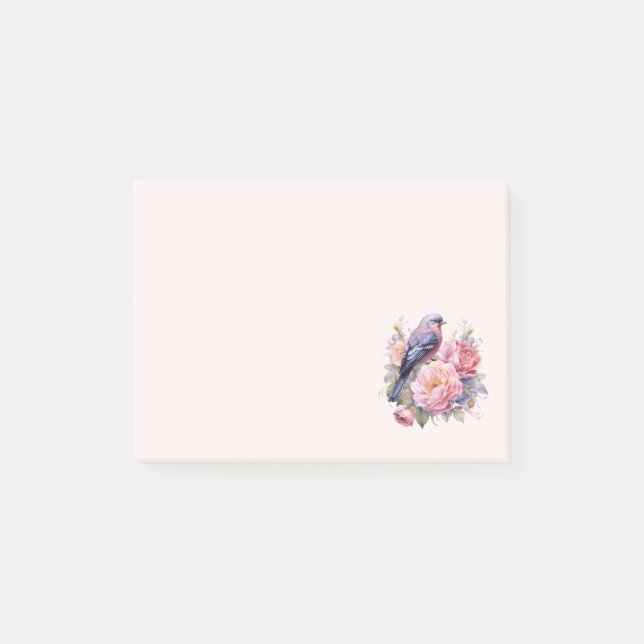 Notas Post-it® Pájaro Cantando sobre Peonías Rosadas (Anverso)