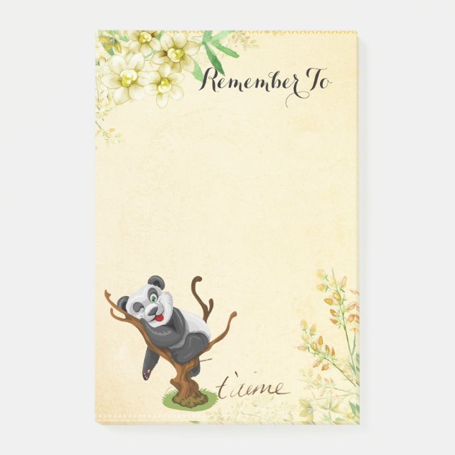 Notas Post-it® Panda lindo con flores amarillas (Anverso)