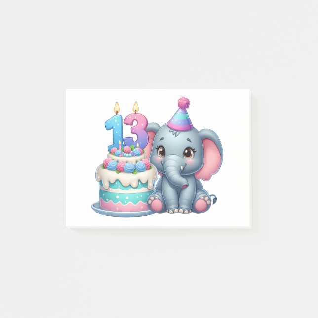 Notas Post-it® Pastel de elefante para cumpleaños 13 (Anverso)