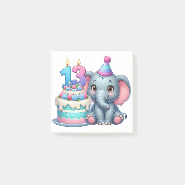 Notas Post-it® Pastel de elefante para cumpleaños 13 (Anverso)