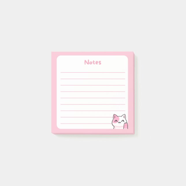 Notas Post-it® Pastel Rosa Kawaii Chibi Kitty Cat saludando (Anverso)