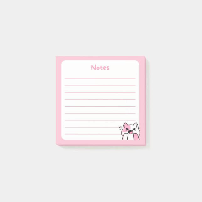 Notas Post-it® Pastel Rosa Kawaii Chibi Laughing Kitty Cat (Anverso)