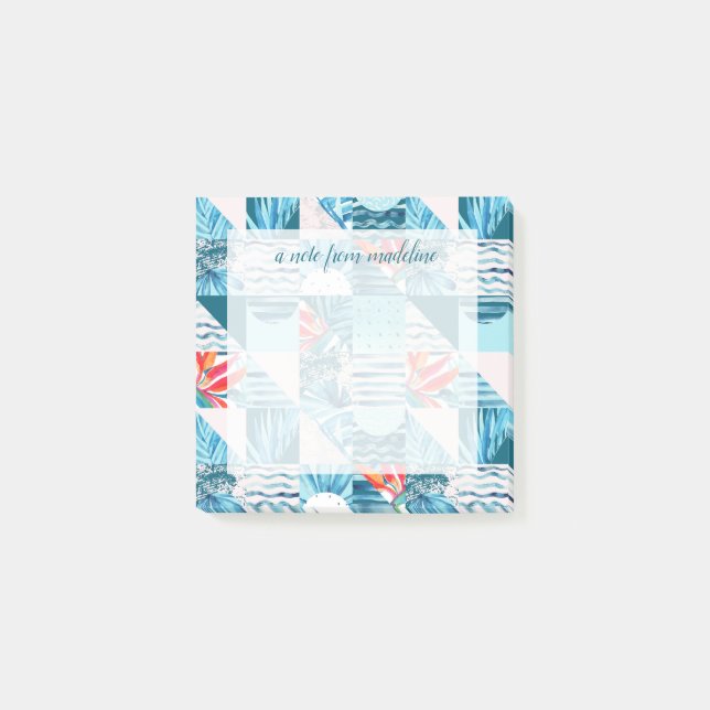 Notas Post-it® Patrón abstracto geométrico Verde azulado tropical (Anverso)