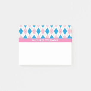 Notas Post-it® Patrón argyle rosa y azul con franjas rosadas