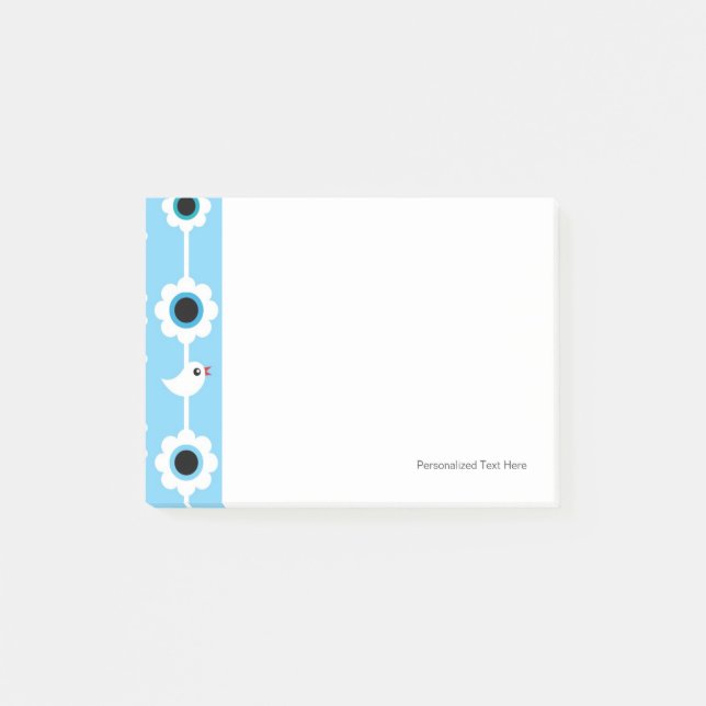 Notas Post-it® patrón azul pájaro y flores (Anverso)
