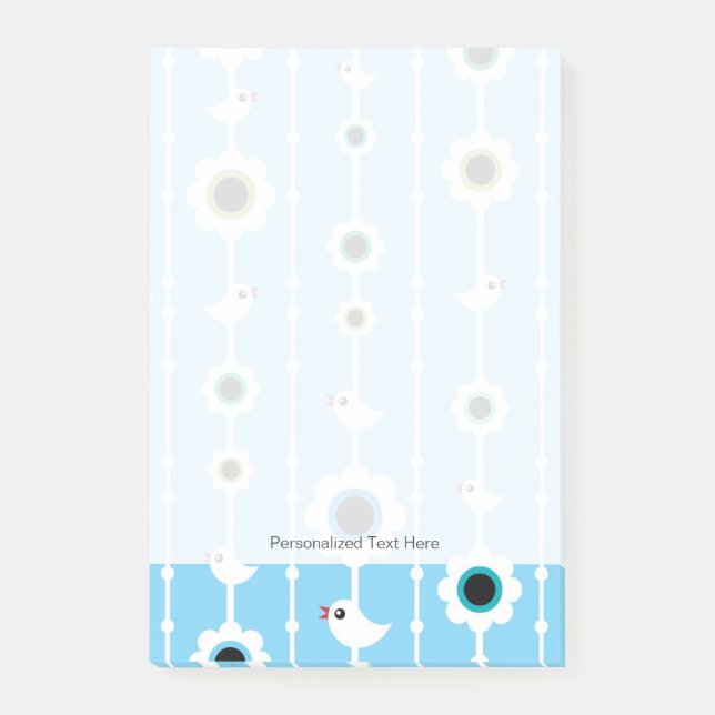 Notas Post-it® patrón azul pájaro y flores (Anverso)