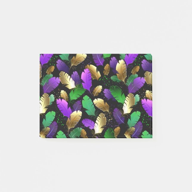 Notas Post-it® Patrón continuo con plumas de Mardi Gras (Anverso)