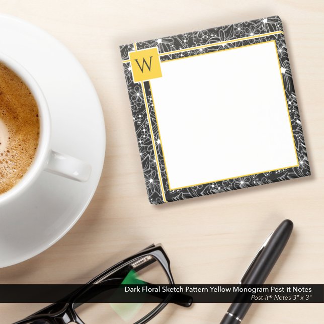 Notas Post-it® Patrón de bosquejo floral oscuro Monograma amarill (Dark Floral Black and White Sketch Pattern Post-it Notes with Yellow Monogram)