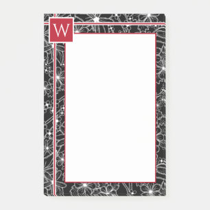 Notas Post-it® Patrón de bosquejo floral oscuro Monograma rojo ne