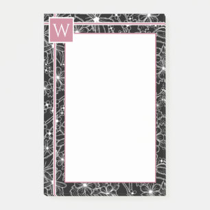 Notas Post-it® Patrón de bosquejo floral oscuro Monograma rosa ne