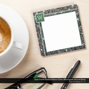Notas Post-it® Patrón de bosquejo floral oscuro Monograma verde n