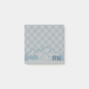 Notas Post-it® Patrón de Cuadro Gris Azul Monograma Montañas Rúst