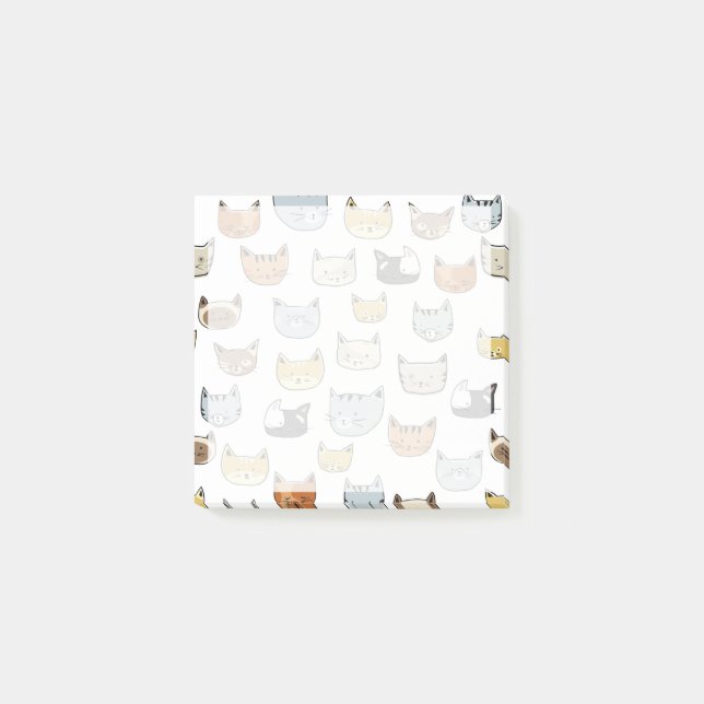 Notas Post-it® Patrón de doodle de cara de gato (Anverso)