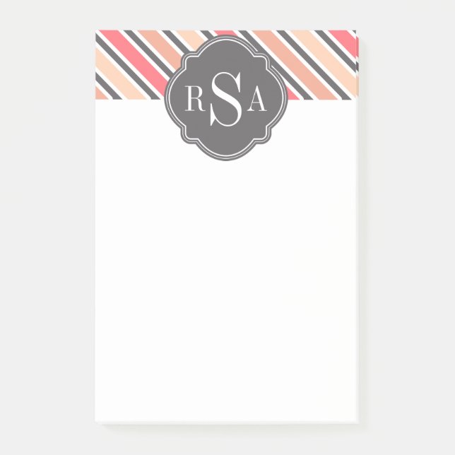 Notas Post-it® Patrón de franja blanca rosada monogramo (Anverso)