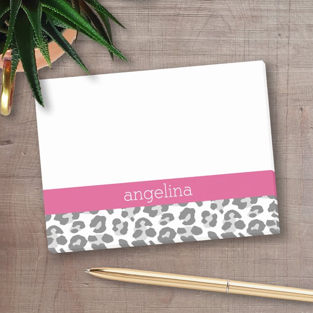 Notas Post-it® Patrón de impresión de leopardo gris con nombre ro (Personalized post-it notes with an area to add your name or other text)