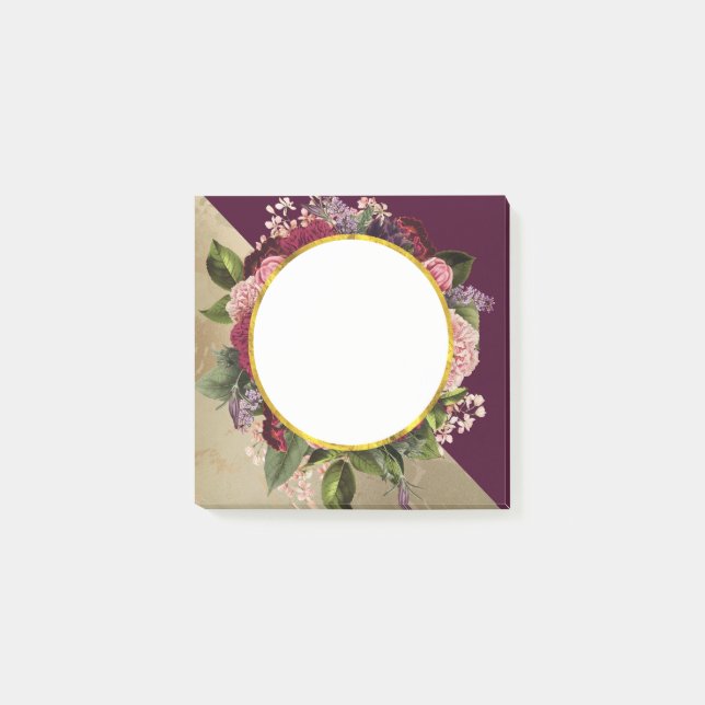 Notas Post-it® Patrón de mármol dorado y flores borgoña (Anverso)
