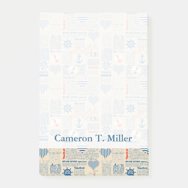 Notas Post-it® Patrón de periódico náutico| Agregar su nombre (Anverso)
