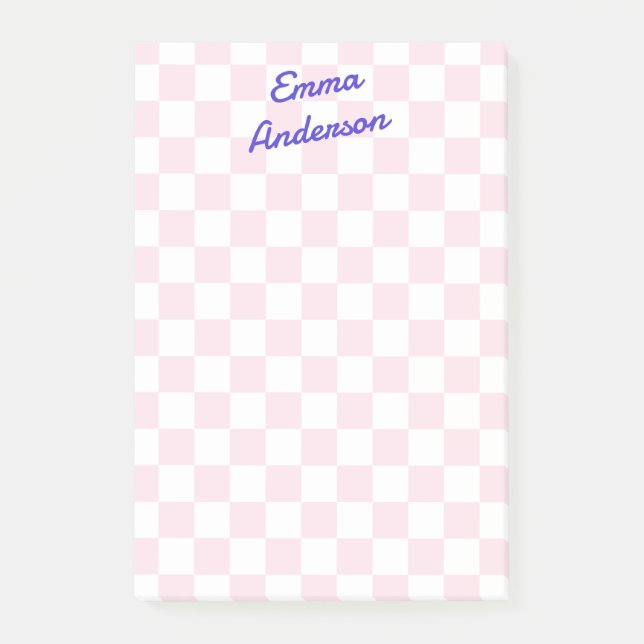 Notas Post-it® Patrón de tablero de ajedrez blanco rosado con nom (Anverso)