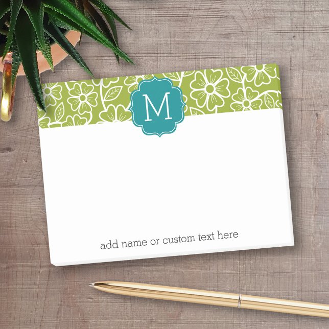 Notas Post-it® Patrón floral funky con Monograma Verde azulado Pe (Personalized post-it notes with an area to add your name or other text)