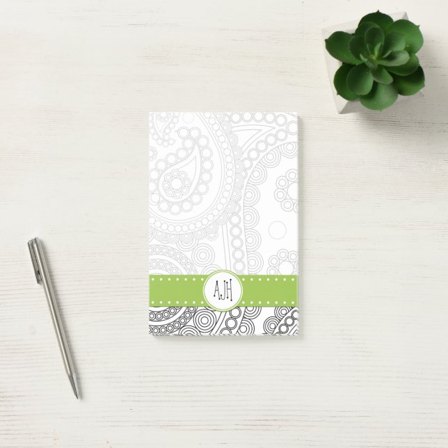 Notas Post-it® Patrón paisley, negro y blanco, monograma (Oficina)