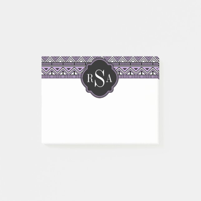 Notas Post-it® Patrón tribal negro morado monogramado (Anverso)