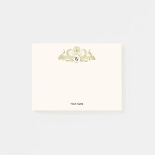 Notas Post-it® Pavos Reales Vintage Monograma Dorado Falso Marfil