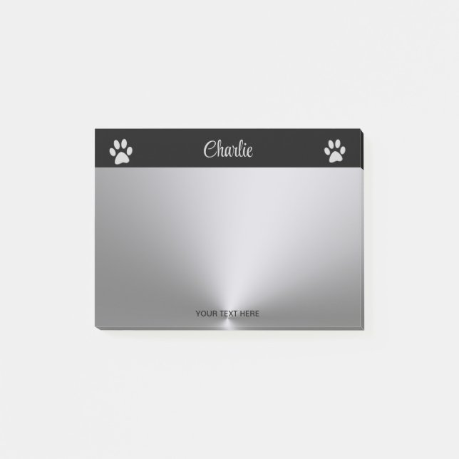 Notas Post-it® Paw de perro plateado sobre fondo negro (Anverso)