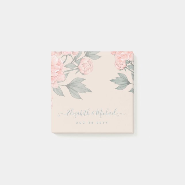 Notas Post-it® Peach Peonies Sage Floral Budget Boda (Anverso)