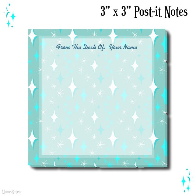 Notas Post-it® Pegatinas editables de 3"x3" con estrellas retro e (Retro Teal and White Stars Editable 3"x3" Stickies Post-it Notes)