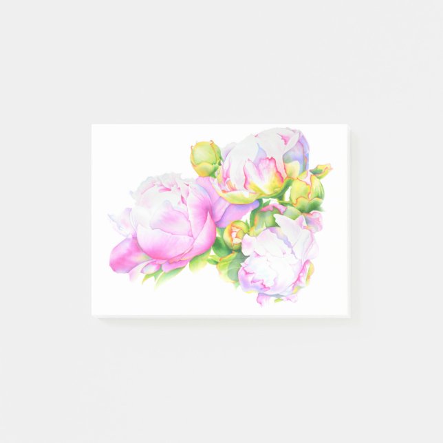 Notas Post-it® Peonias, pintura floral rosa, blanca, acuarela (Anverso)