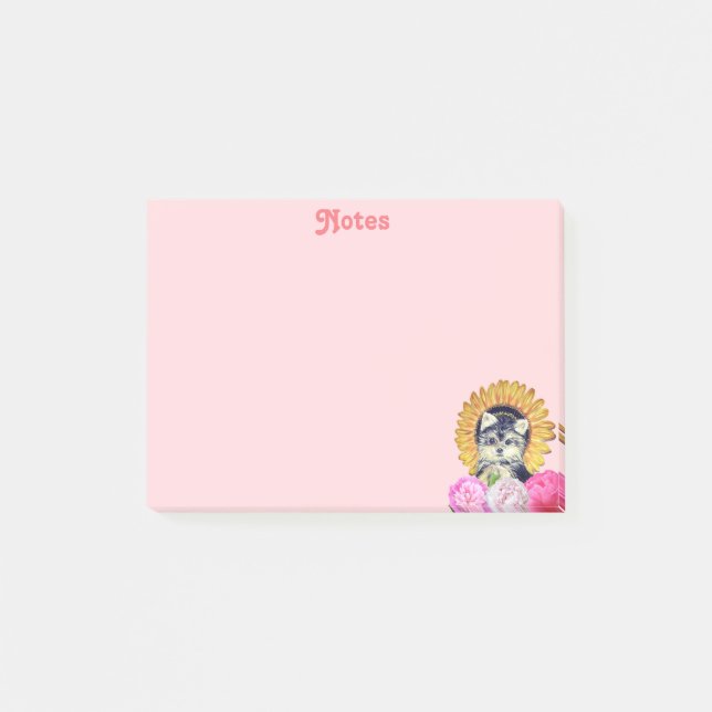 Notas Post-it® Perrito Adorable con Flores sobre Rosa (Anverso)